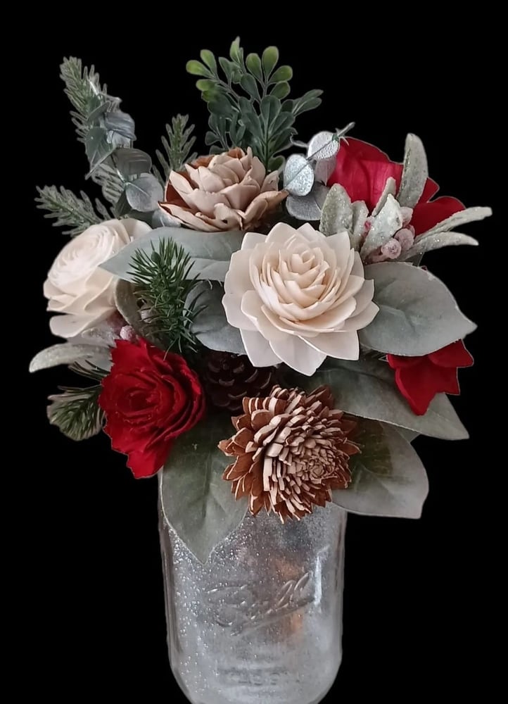 Image of Glitter Christmas Sola Wood Flower Mason Jar Arrangement