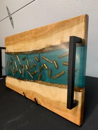 Image 4 of Cherry Wood & Green Epoxy Charcuterie Board – Bullet Resin Serving Tray, Unique Gift for Him
