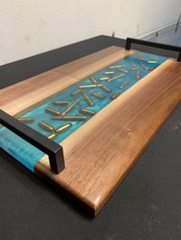 Image 4 of Walnut & Turquoise Epoxy Charcuterie Board – Bullet Resin Serving Tray, Unique Gift for Him