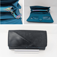 Handmade Black Goth Vinyl Clutch Wallet with Teal Interior