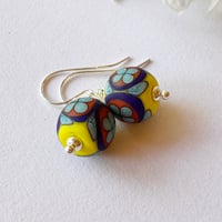 Image 3 of Yellow Base Aqua Flower Earrings