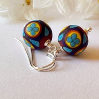 Image 1 of Red Base Aqua Flower Earrings 