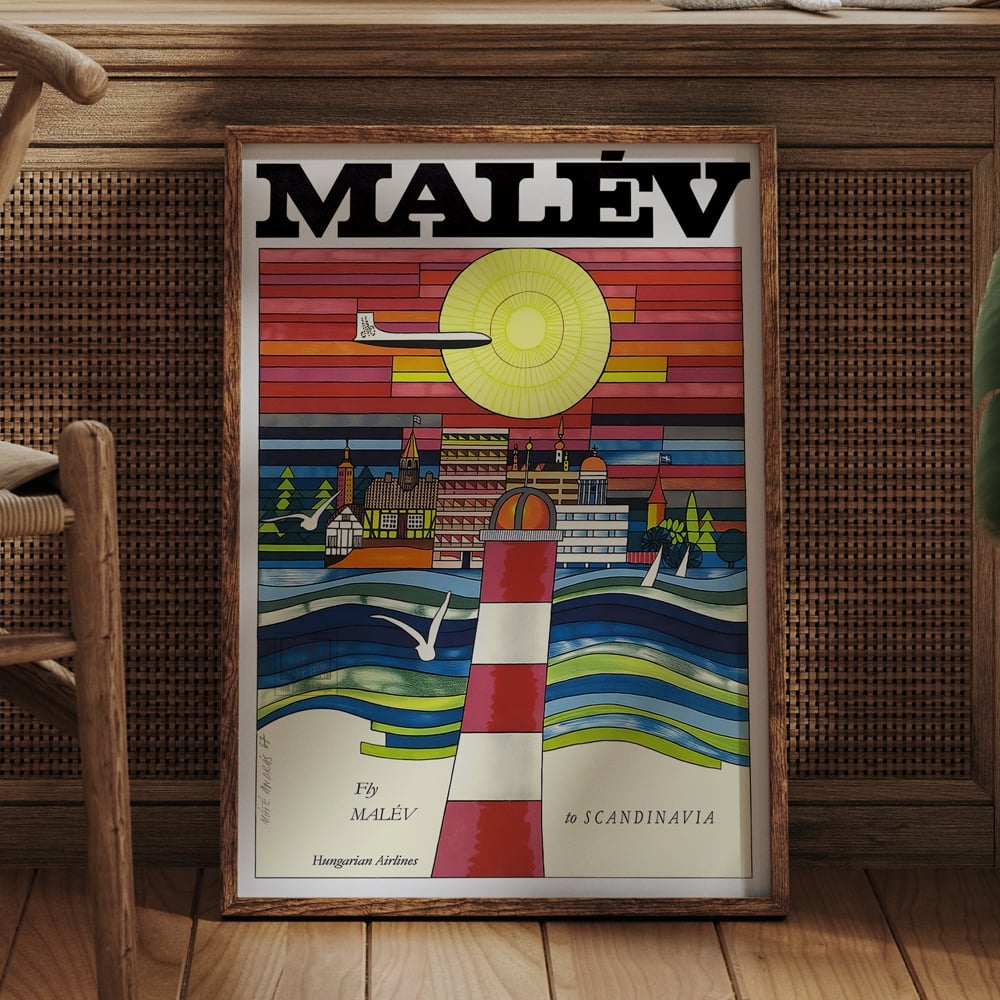 Malév Scandinavian destination poster by Máté András in bright geometric colours