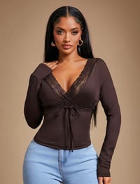 Image 2 of SKYNLYDRESS -  Patchwork Col En V Sexy Décontracté Élégant Café Marron Dentelle pour Femmes