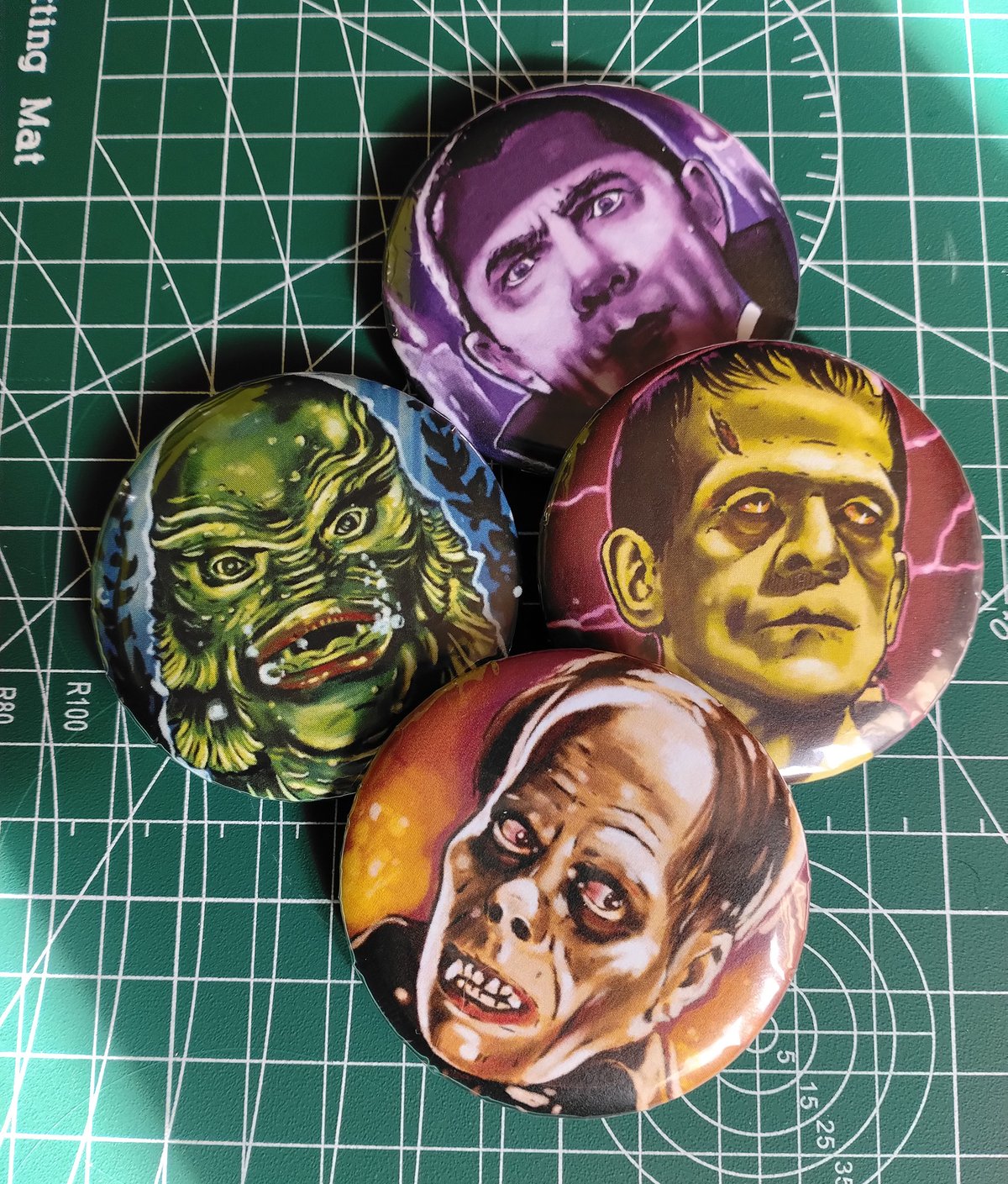 Image of Classic Monsters buttons (58mm). Frankenstein, Creature from the Black Lagoon and more.