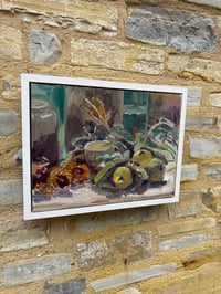 Image 2 of Teasel, Quinces and dried Sunflowers, bottles and vases. Oil on panel. 40cm x 30cm