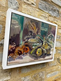 Image 3 of Teasel, Quinces and dried Sunflowers, bottles and vases. Oil on panel. 40cm x 30cm