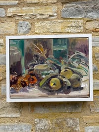 Image 4 of Teasel, Quinces and dried Sunflowers, bottles and vases. Oil on panel. 40cm x 30cm