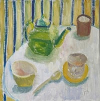 Image 1 of Tea, 2025. Oil on linen. 16 x 16 inches. Unframed stretched canvas with hanger on the back..