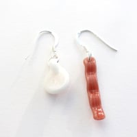 Image 4 of Handmade glass egg and bacon dangle earrings on silver hooks quirky and unique
