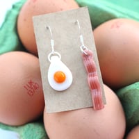 Image 3 of Handmade glass egg and bacon dangle earrings on silver hooks quirky and unique