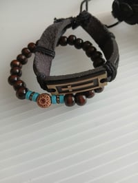 Image 4 of Faux Leather Wrapped Adjustable Bracelet Bundle Cross