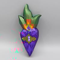 Image 2 of Little Flaming Heart- Rose or Purple-carved wood, vintage escutcheon