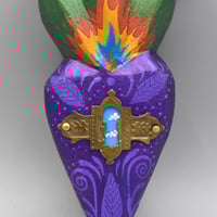 Image 3 of Little Flaming Heart- Rose or Purple-carved wood, vintage escutcheon