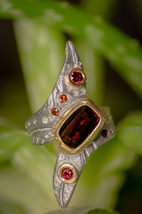 Image 1 of 'telos: no.13' Recycled silver and 9ct ring with Garnet and Sapphire