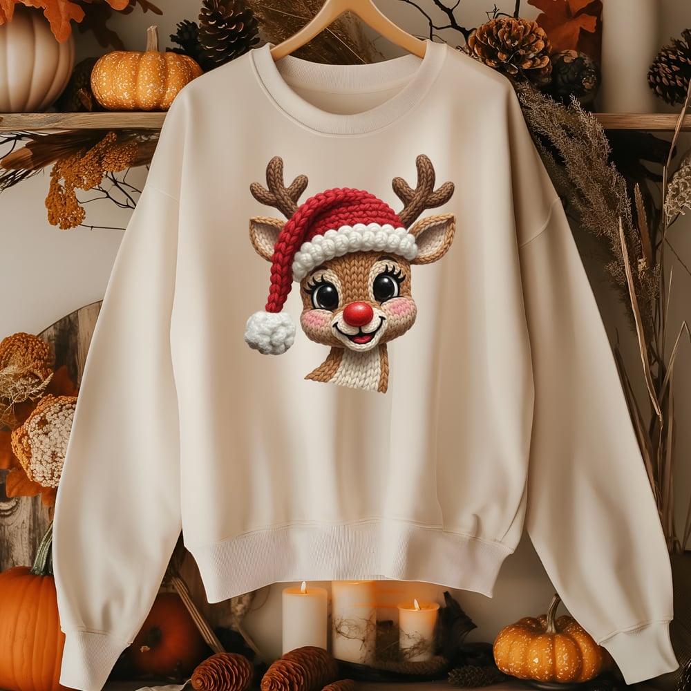Image of REINDEER SANTA HAT CREWNECK SWEATER
