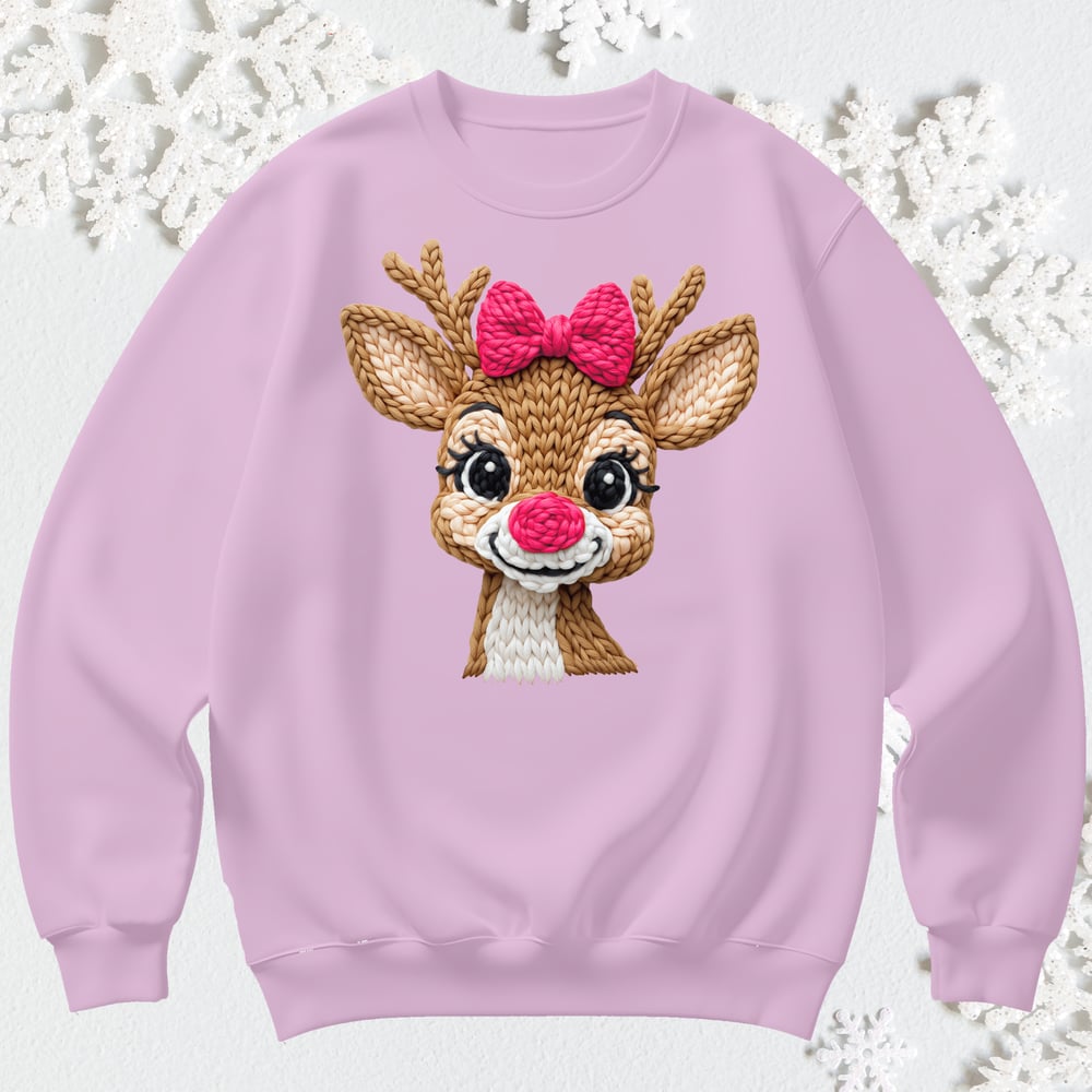 Image of REINDEER PINK BOW CREWNECK SWEATER 