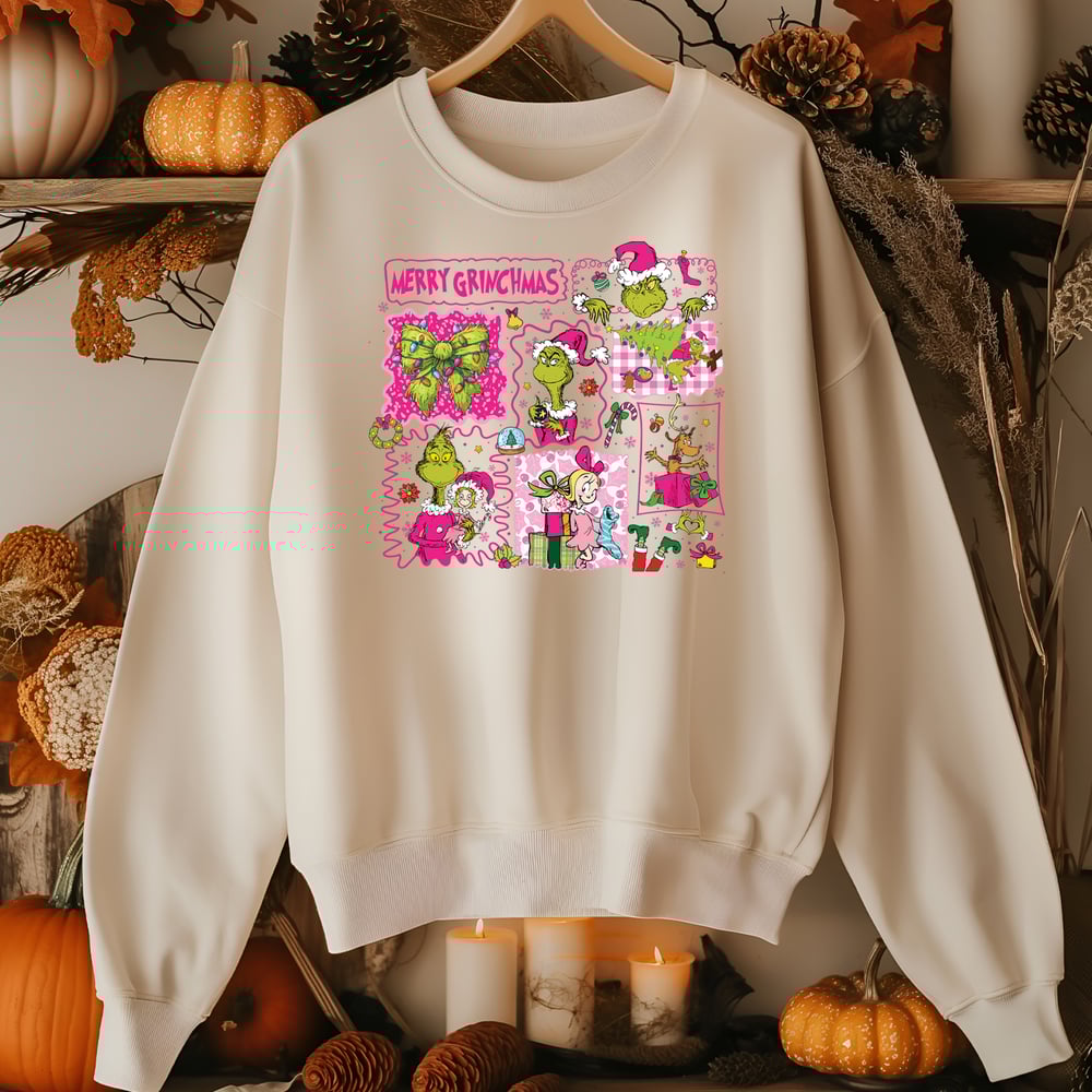 Image of PINK GRIN COLLAGE CREWNECK SWEATER