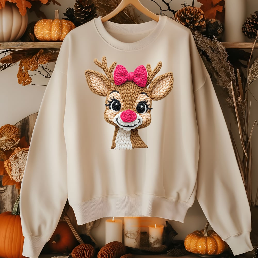 Image of REINDEER PINK BOW CREWNECK SWEATER 