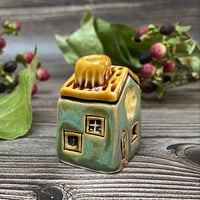 Image 2 of Ceramic Mini House with Chimney - Green with Yellow Flowers