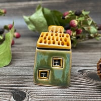 Image 3 of Ceramic Mini House with Chimney - Green with Yellow Flowers