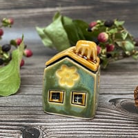 Image 4 of Ceramic Mini House with Chimney - Green with Yellow Flowers