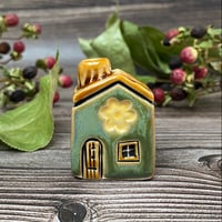 Image 1 of Ceramic Mini House with Chimney - Green with Yellow Flowers
