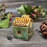 Image 2 of Ceramic Mini House with Chimney, Green with Yellow Flowers