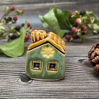 Image 3 of Ceramic Mini House with Chimney, Green with Yellow Flowers