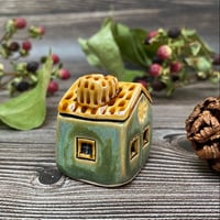Image 4 of Ceramic Mini House with Chimney, Green with Yellow Flowers