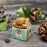 Image 2 of Ceramic Mini House with Chimney - Soft Green/Red Flowers