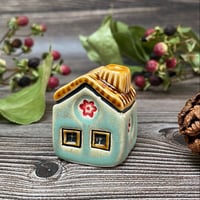 Image 3 of Ceramic Mini House with Chimney - Soft Green/Red Flowers