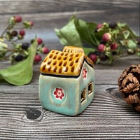 Image 4 of Ceramic Mini House with Chimney - Soft Green/Red Flowers