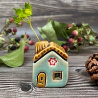 Image 1 of Ceramic Mini House with Chimney - Soft Green/Red Flowers