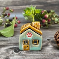 Image 1 of Soft Green Ceramic Mini House with Chimney - Red Flowers