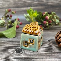 Image 3 of Soft Green Ceramic Mini House with Chimney - Red Flowers