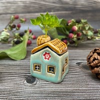 Image 4 of Soft Green Ceramic Mini House with Chimney - Red Flowers