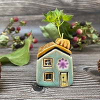 Image 1 of Soft Green Ceramic Mini House with Chimney - Purple/Yellow Flowers