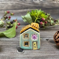 Image 6 of Soft Green Ceramic Mini House with Chimney - Purple/Yellow Flowers