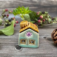 Image 3 of Soft Green Ceramic Mini House with Chimney - Purple/Yellow Flowers