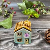 Image 5 of Soft Green Ceramic Mini House with Chimney - Purple/Yellow Flowers