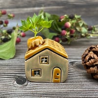Image 1 of Ceramic Mini House with Chimney, Green / Yellow Flowers