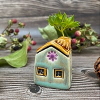 Image 3 of Soft Green Ceramic Mini House with Chimney - Purple Flowers