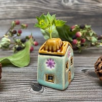 Image 2 of Soft Green Ceramic Mini House with Chimney - Purple Flowers
