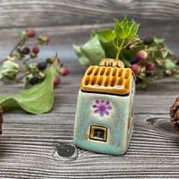 Image 4 of Soft Green Ceramic Mini House with Chimney - Purple Flowers