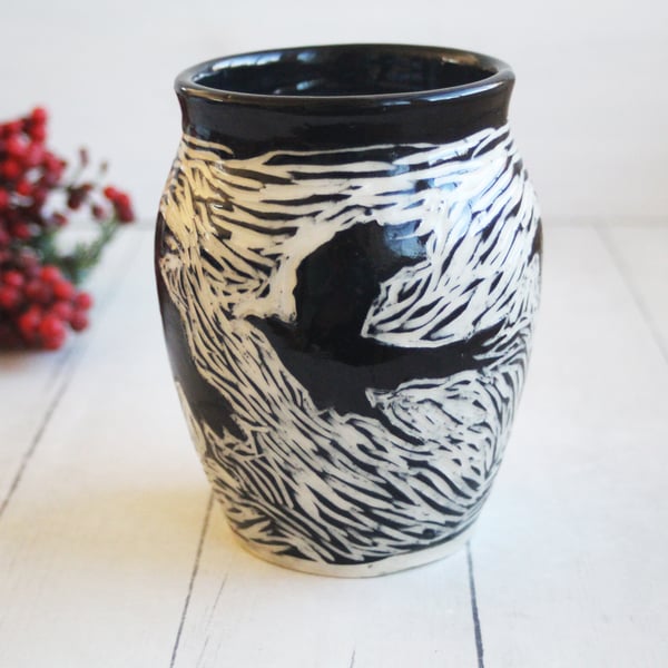 Image of Black Raven Pottery Vase, Hand Carved Black Crow, Art Vase, Made in USA