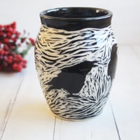 Image 2 of Black Raven Pottery Vase, Hand Carved Black Crow, Art Vase, Made in USA