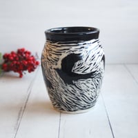 Image 3 of Black Raven Pottery Vase, Hand Carved Black Crow, Art Vase, Made in USA