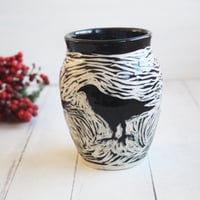 Image 4 of Black Raven Pottery Vase, Hand Carved Black Crow, Art Vase, Made in USA