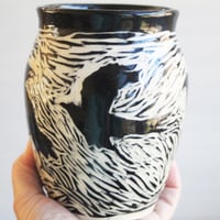 Image 5 of Black Raven Pottery Vase, Hand Carved Black Crow, Art Vase, Made in USA